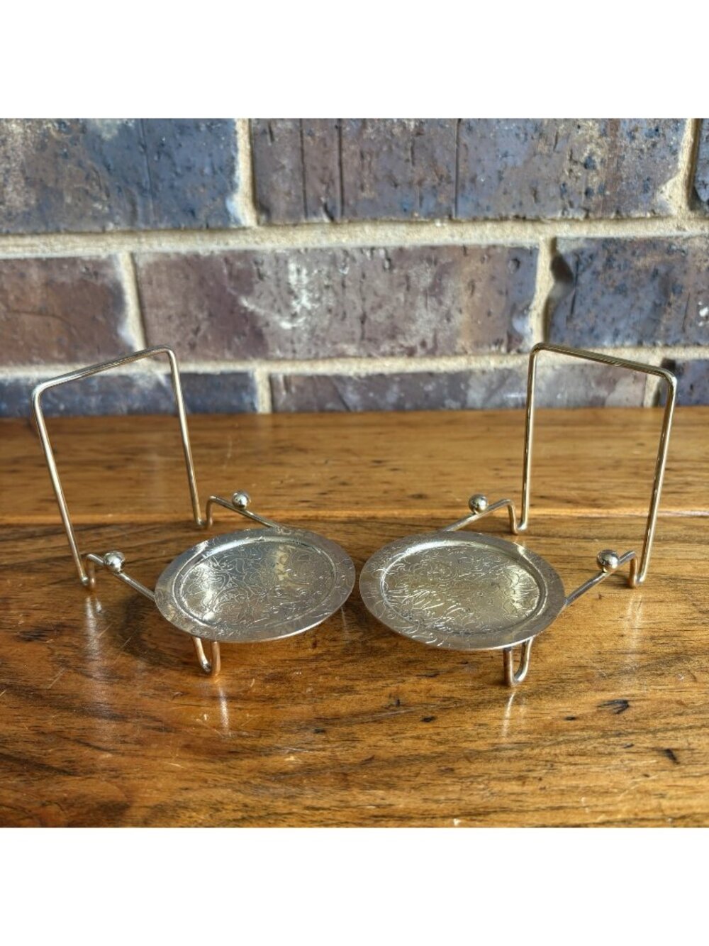 Vintage Tea Cup & Saucer Brass Etched Base Display Holder Set 2 Floral Motif